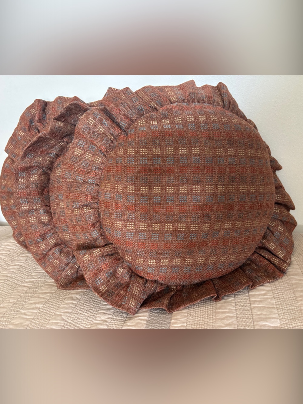 Vintage Tweed Rust Plaid Round Ruffled Throw Pillow Set of 3 Cottage Core